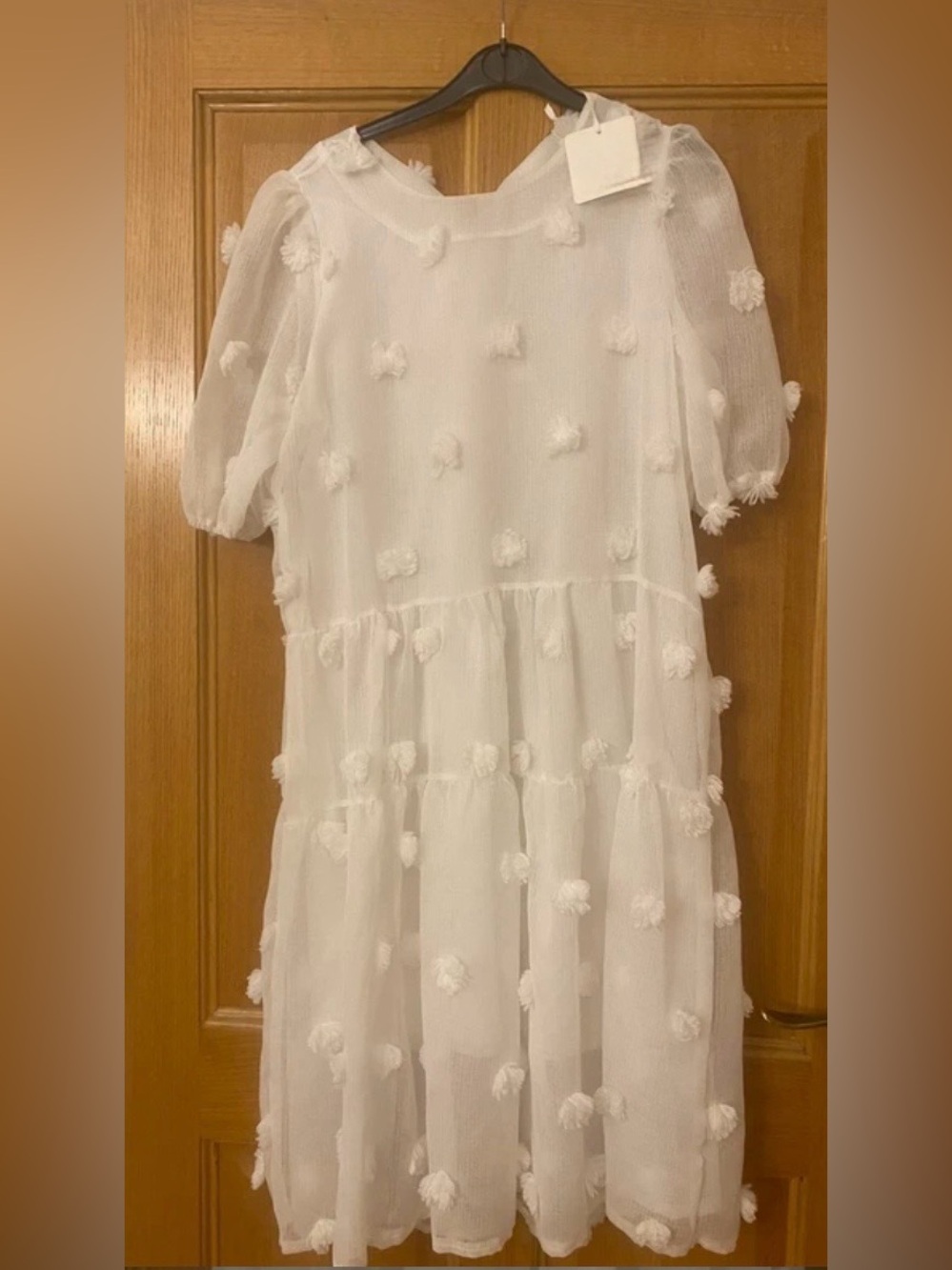 Womens White Pom Pom Tiered Dress